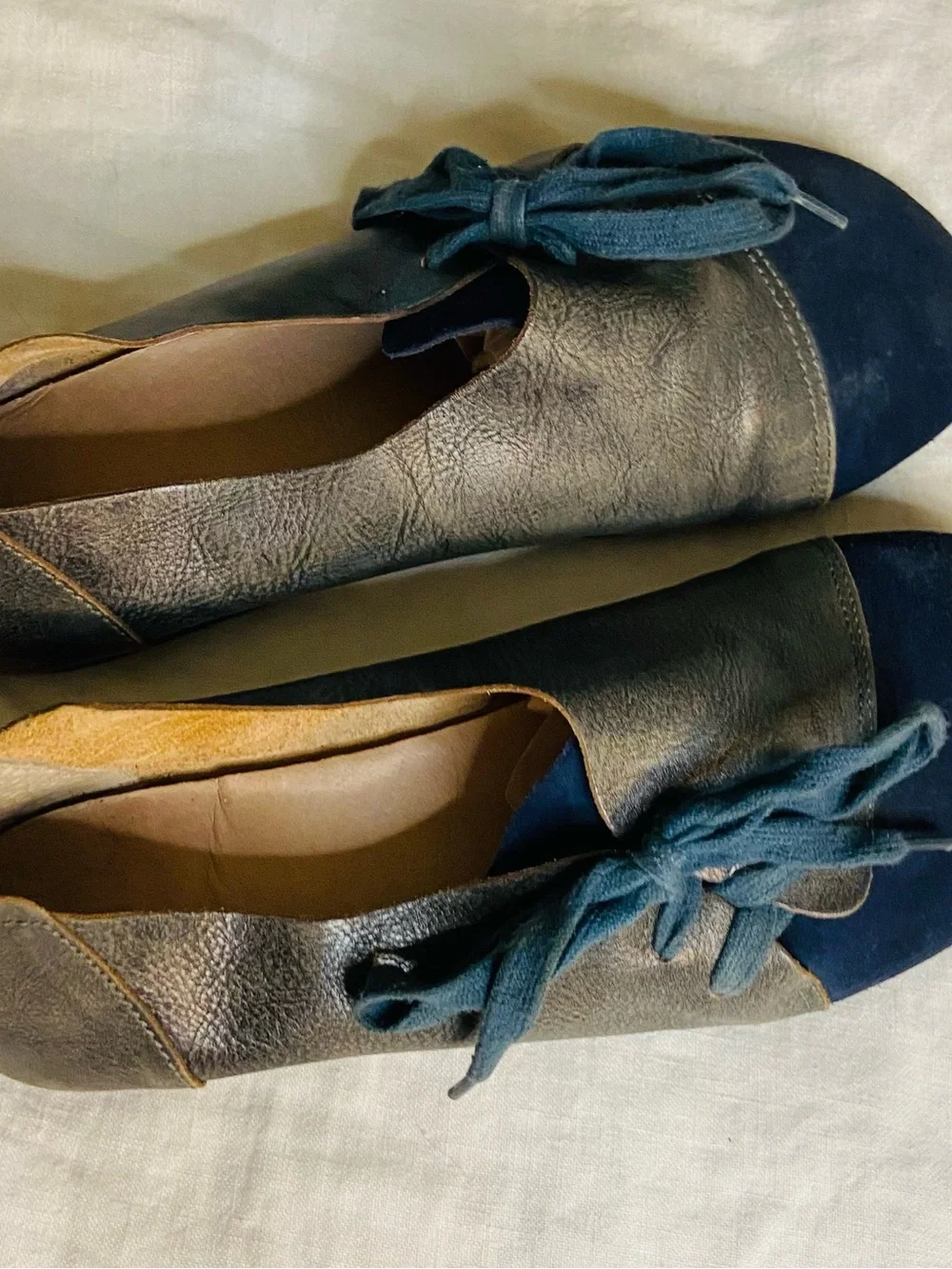 Women’s Handmade Obiono Retro Navy and Gray Leather/Suede Side Lace-Up Flats